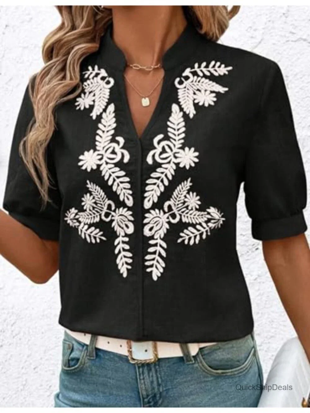 Floral Embroidered V Neck Boho Short Sleeve Linen Blouse Tops